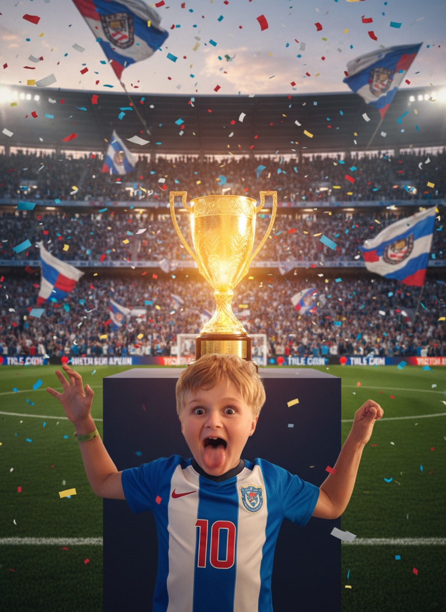 Un enfant devenu champion du monde dans un stade en fête.