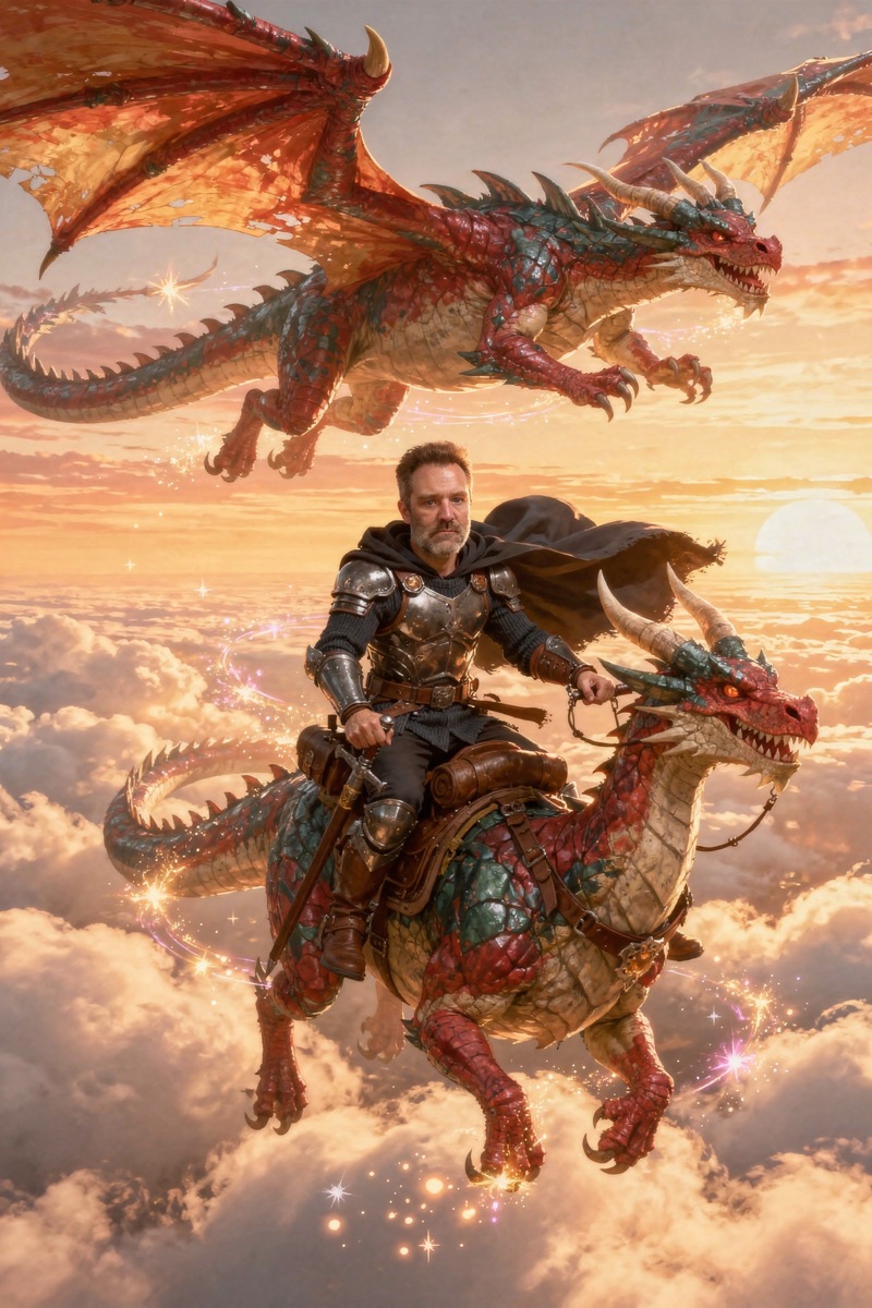 Un invité transformé en chevalier chevauchant un dragon.