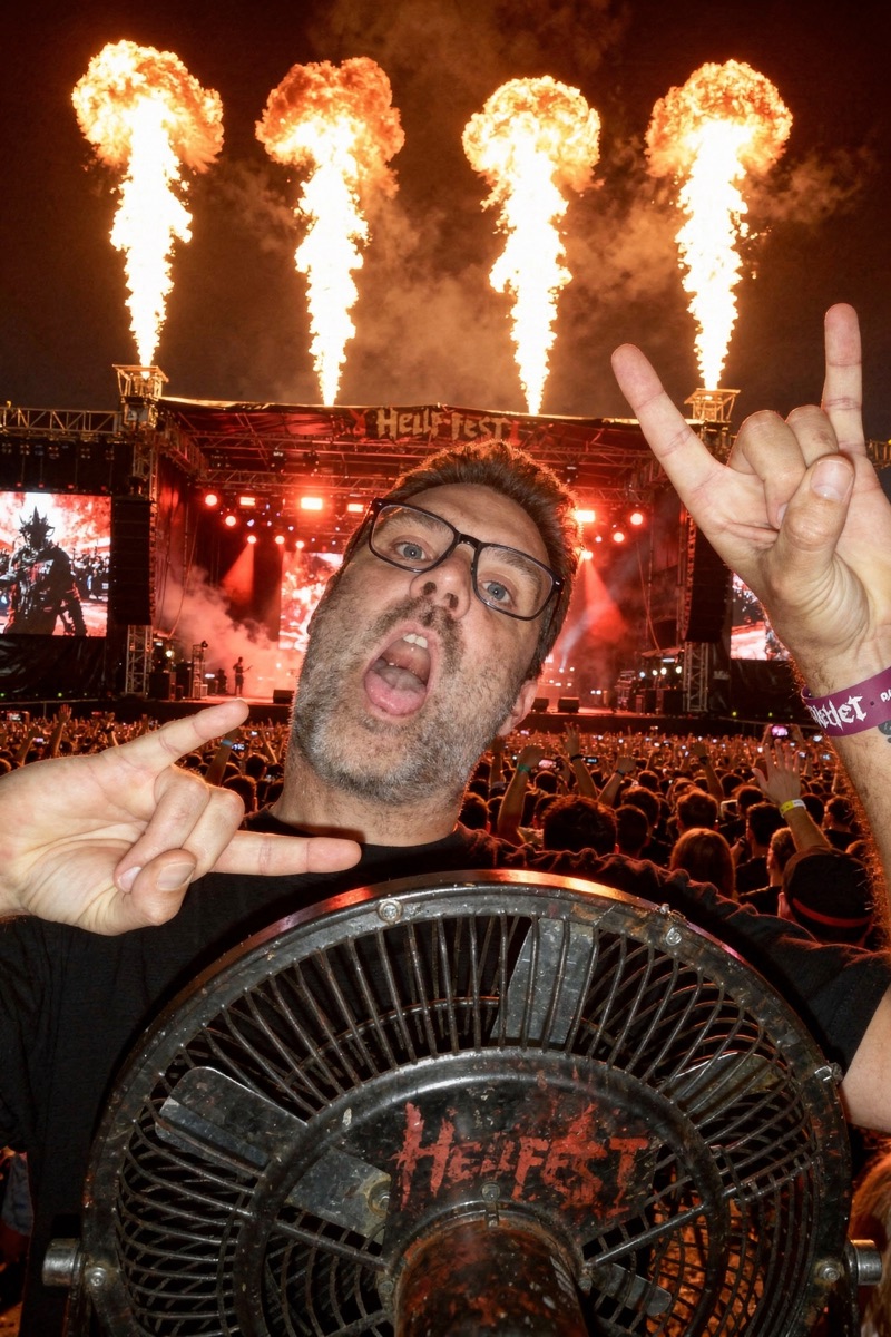 Un invité dans un festival de musique avec des flammes derrière lui.