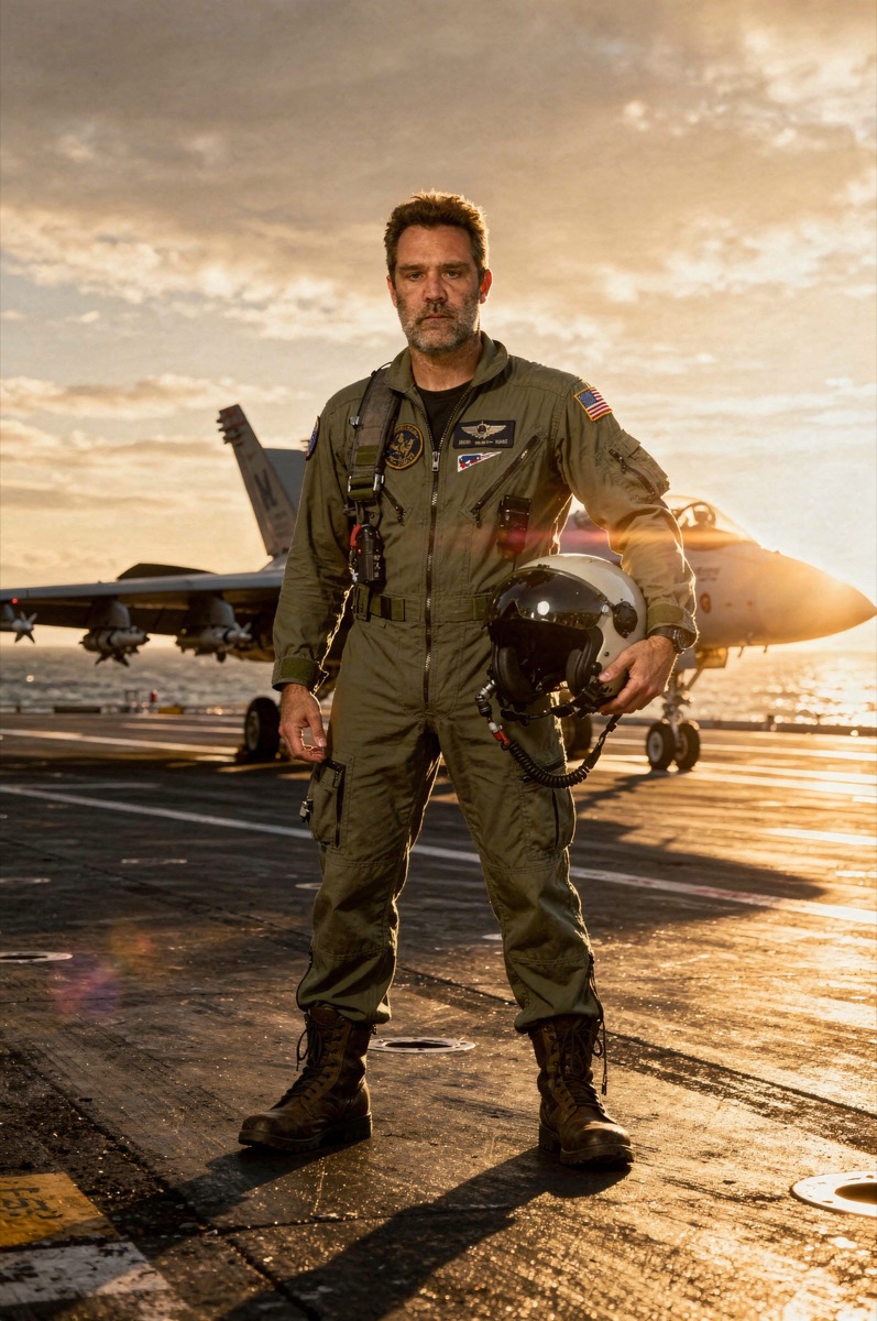 Un invité transformé en pilote de chasse sur un porte-avions.