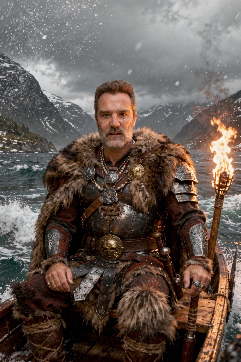 Un invité devenu chef viking dans un fjord enneigé.