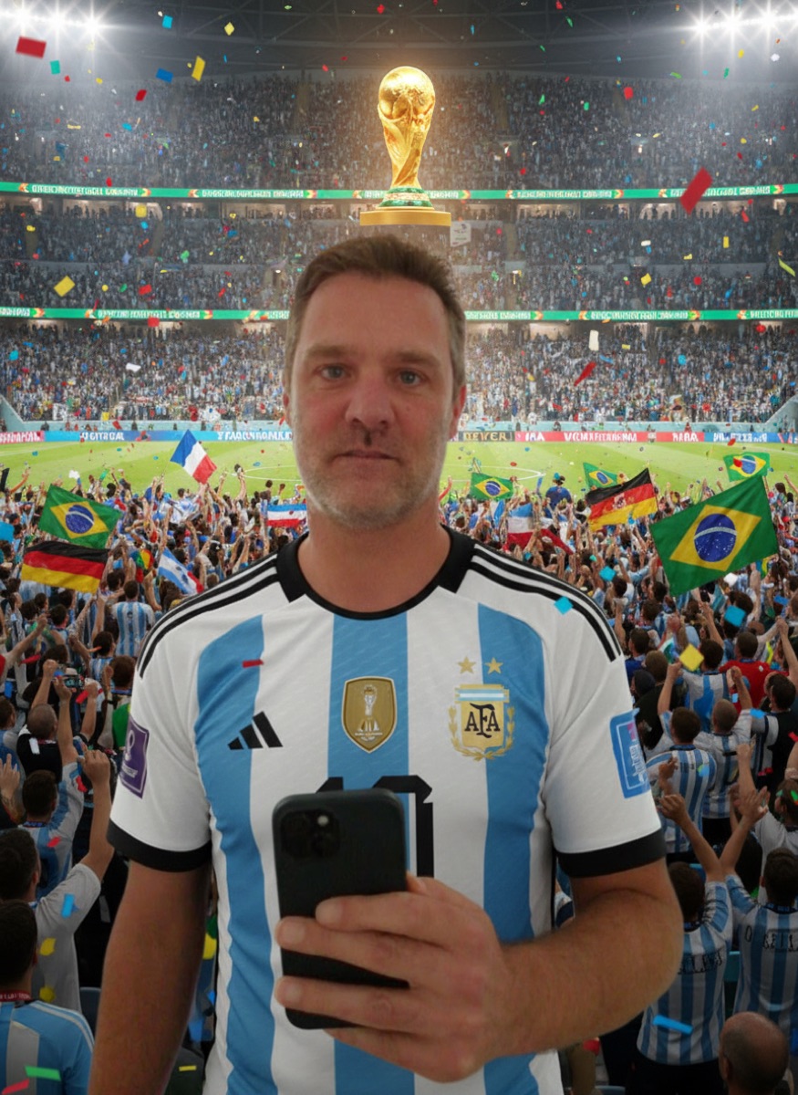 Un invité en tenue de football dans un stade en fête.